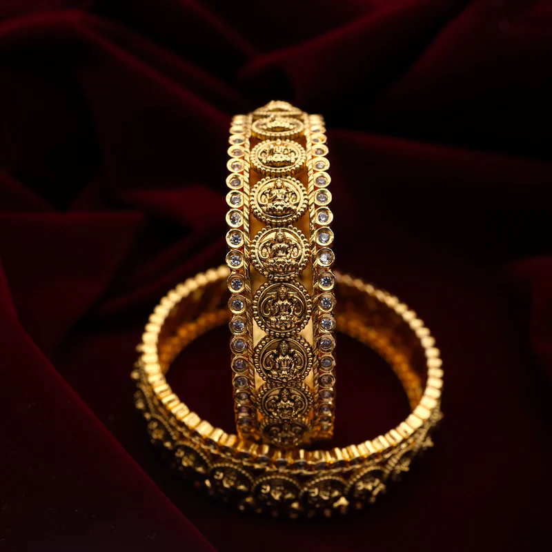 Gold Tone AD Lakshmi Coin Thick Bridal Border Bangles